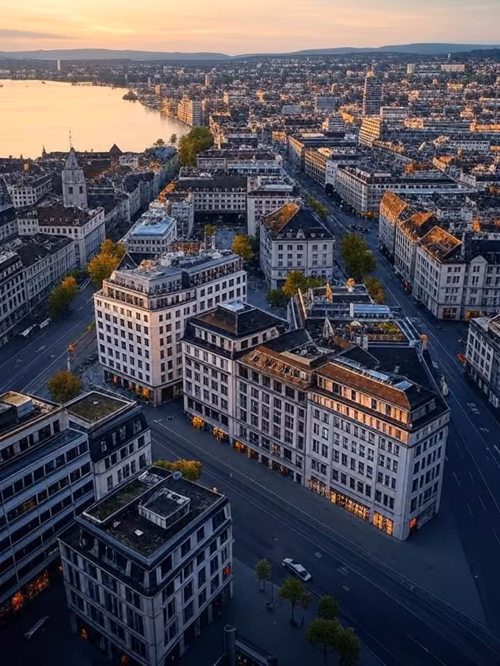 Luftaufnahme der Zürcher Innenstadt mit Zürichsee und Bahnhofstrasse bei goldenem Licht