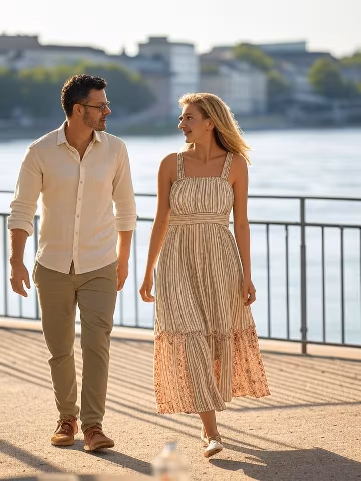 Paar beim diskreten Spaziergang entlang der Rheinpromenade in Basel