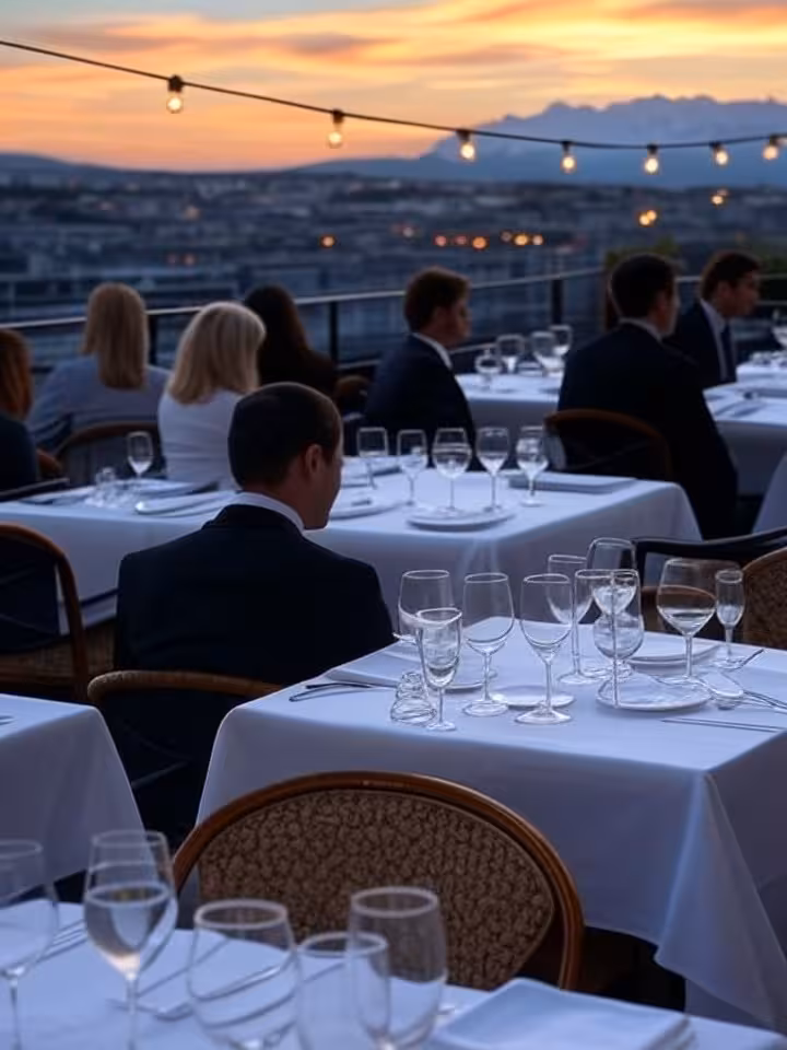 Luxusrestaurant-Terrasse in Genf mit Blick auf Mont Blanc und exklusiver Atmosphäre
