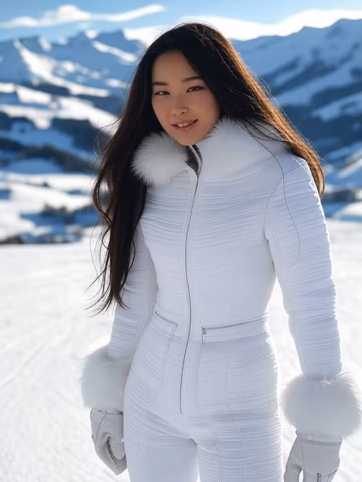 Attraktive Sugar Baby in eleganter Skibekleidung auf Piste in Gstaad