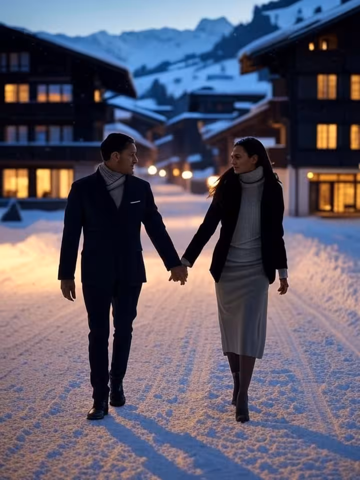 Pareja paseando por la nevada Gstaad al anochecer