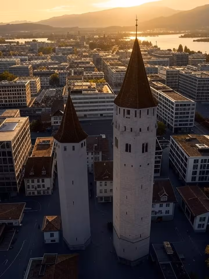 Luftaufnahme von Zug mit Altstadt und modernen Gebäuden