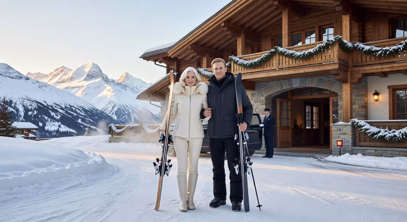 Sugar Dating-Paar beim Eintreffen in exklusivem Schweizer Skigebiet