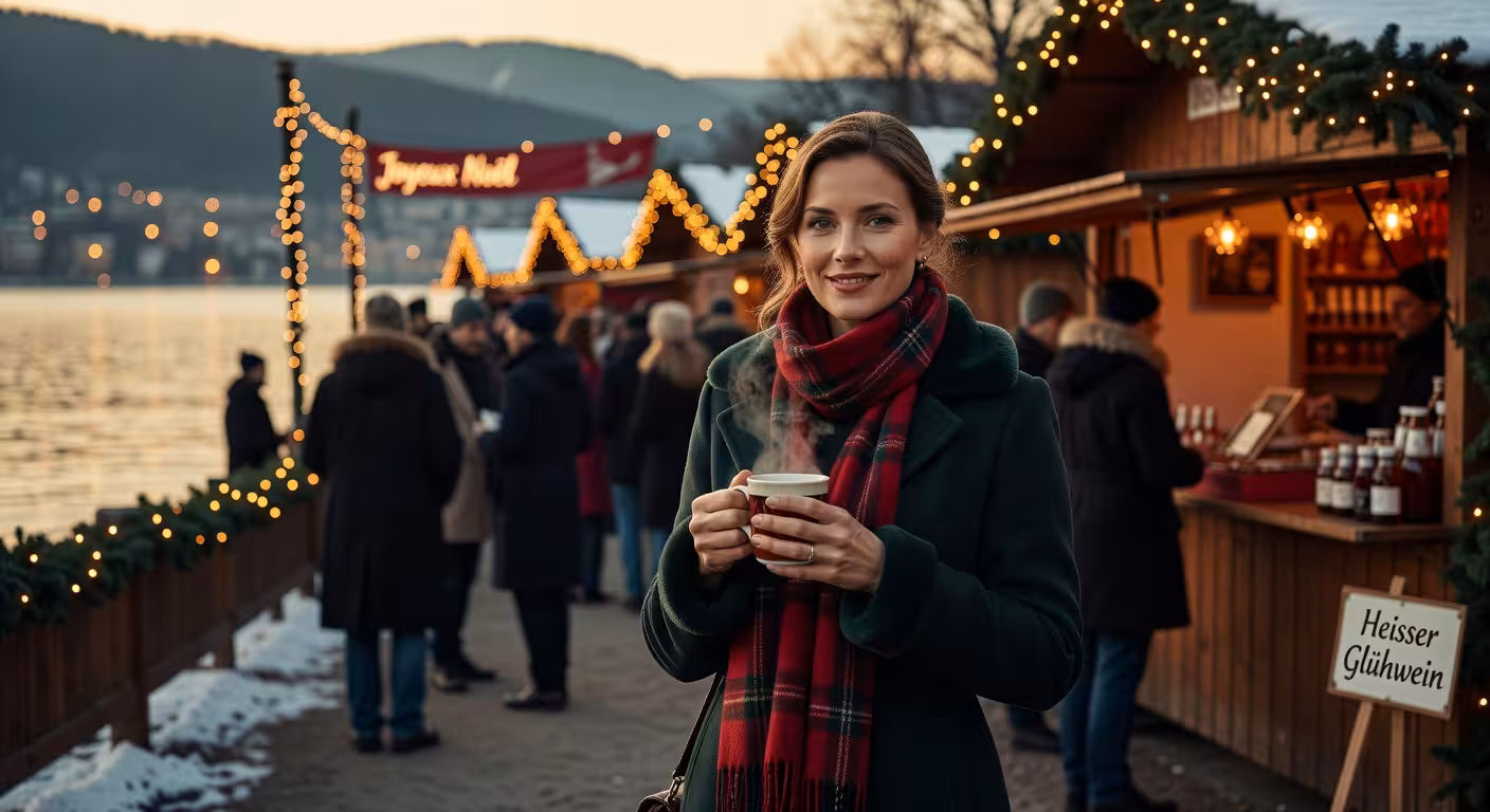 Sugar Baby mit Glühwein auf festlich beleuchtetem Weihnachtsmarkt